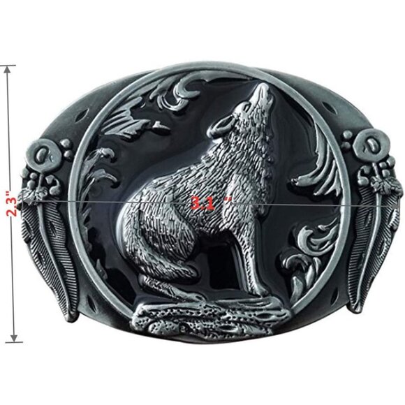 Men's Wolf Western Fashion Retro Black Enamel Grey Tone Zinc Alloy Belt Buckle - Picture 4 of 4